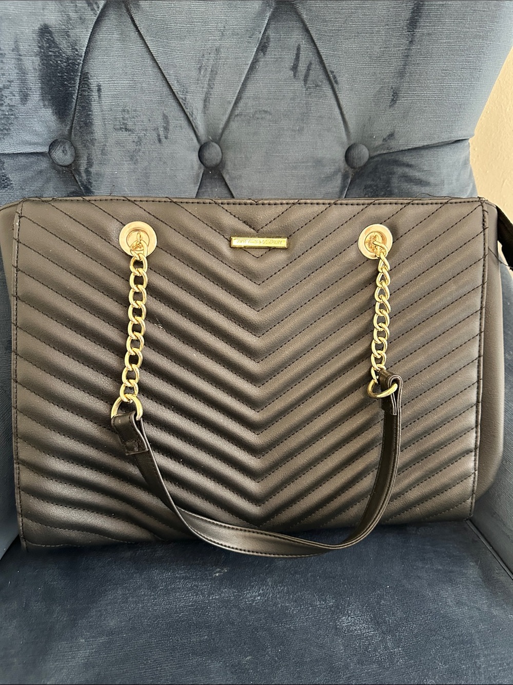 New York & Company Black Quilted Chevron Tote with Gold Chain Handles